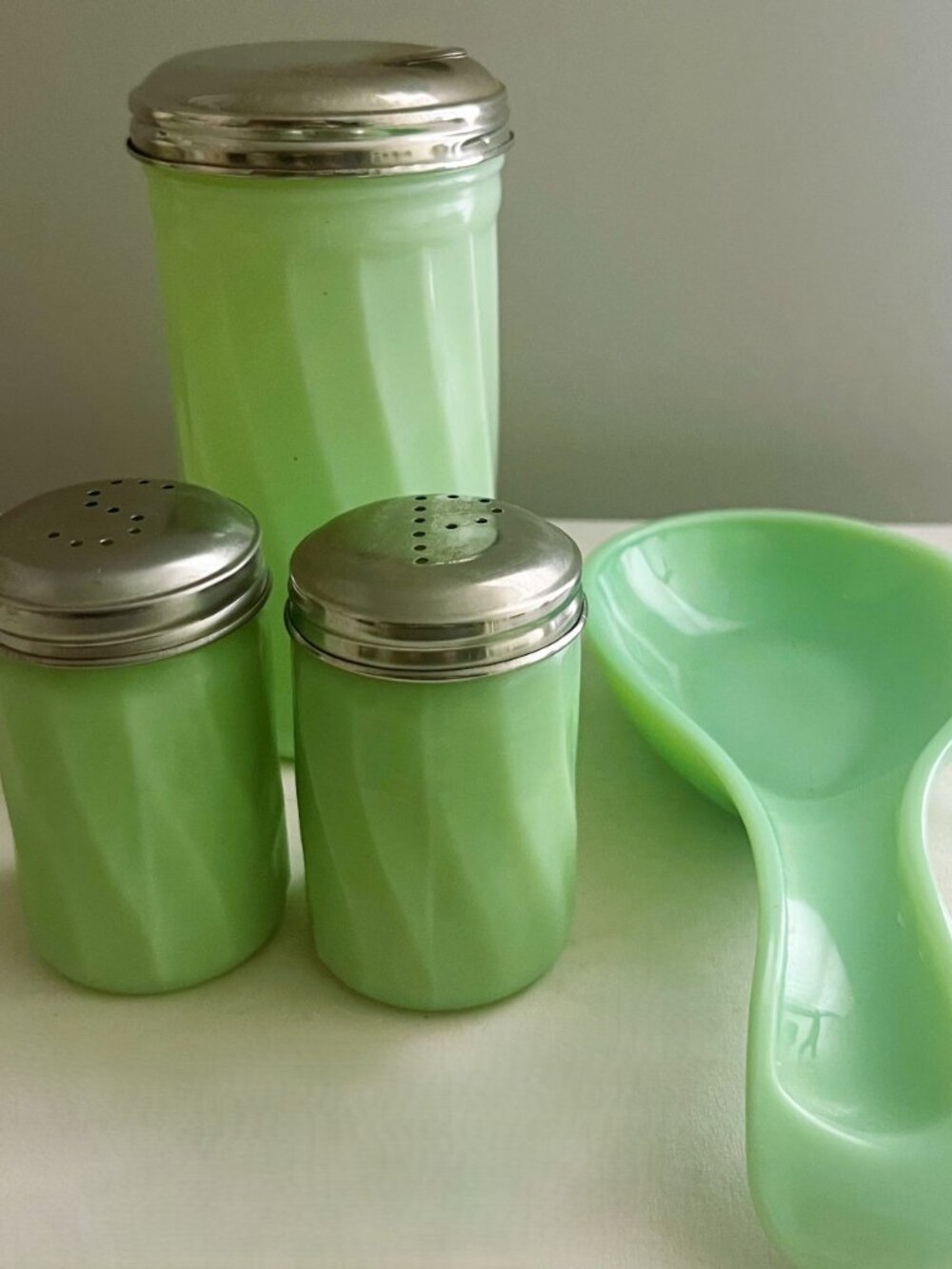 Jade Green Glass 4Pc Kitchen Set - Spoon Rest, Tall Sugar, Salt & Pepper Shakers